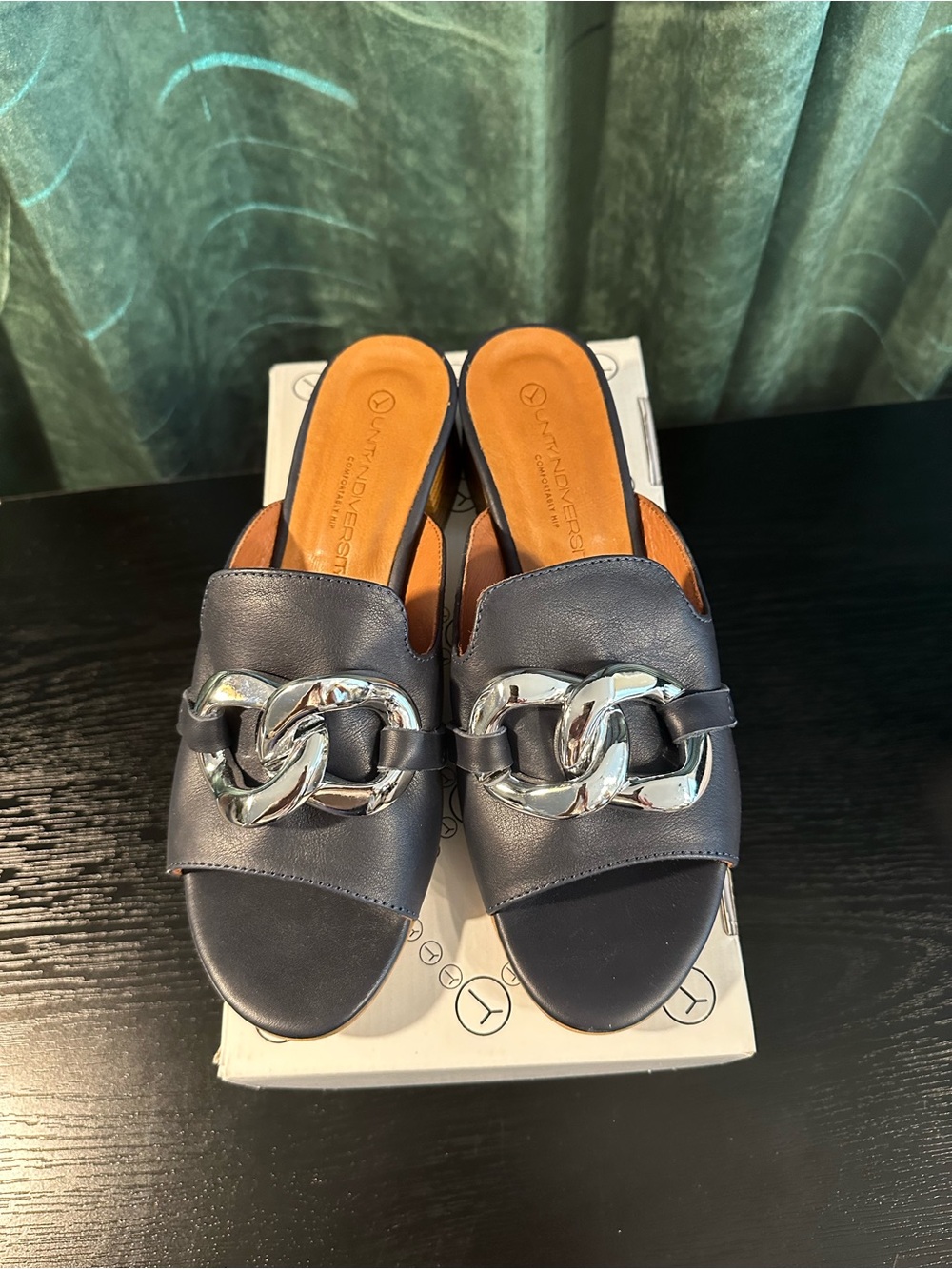 Unity in Diversity Bonita, Navy, Leather Slide Mules with Silver Chain Accent